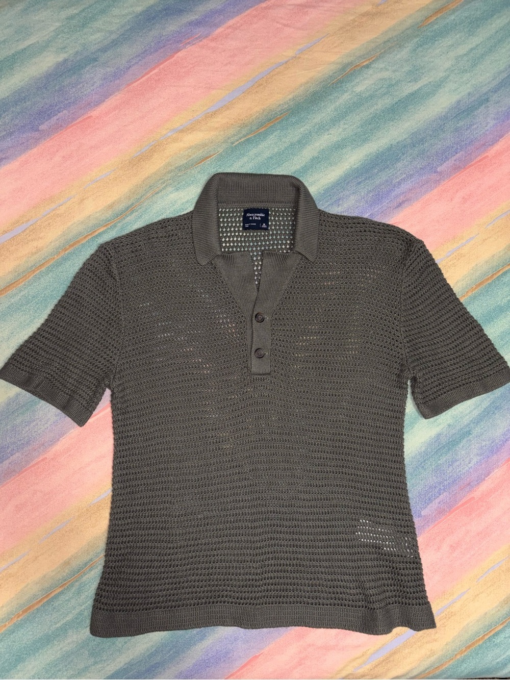 Abercrombie & Fitch Mens Crochet Knit Polo Shirt Olive Green Open Stitch size M